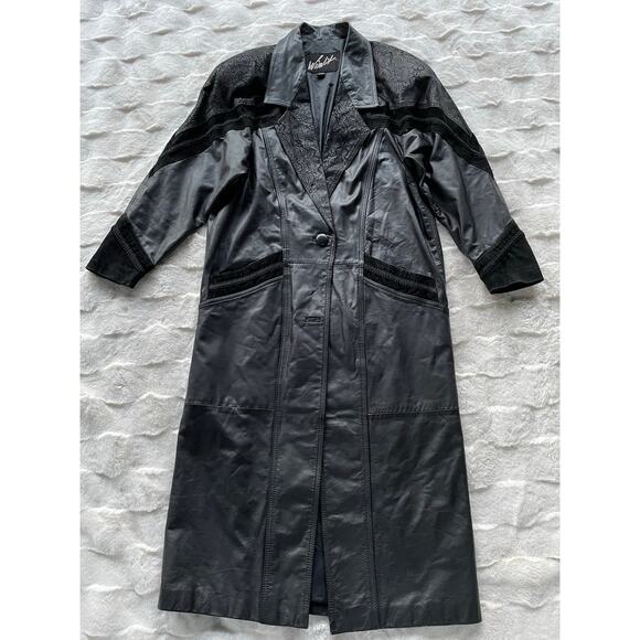 š„Vintage 80s Winlit Baroque Paisley Leather Long Duster Coat Gothic Steampunk M - Picture 4 of 16